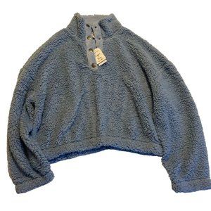 Hippie Rose Button Down Sherpa Sweater Blue XL